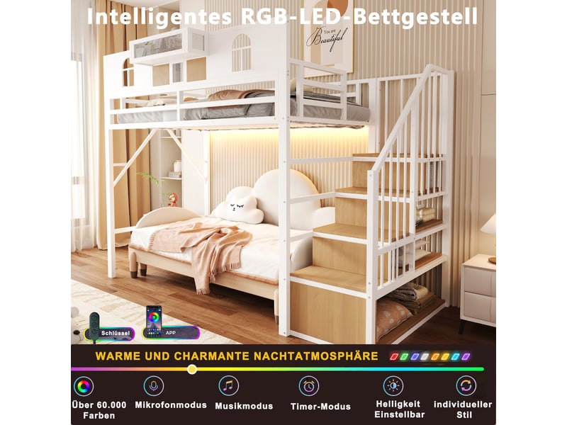  Lit mezzanine enfant 90x200cm - lit haut avec escalier coffre, fenêtre décorative, étagère de rangement et led, métal blanc et bois evarich - Conforama D