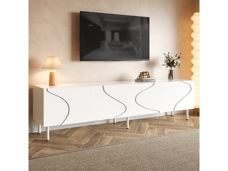  Meuble tv 170x35x50 cm - façade ondulée 3d, 4 portes push-to-open, pieds cylindriques en métal, pb et mdf - blanc  - Conforama D