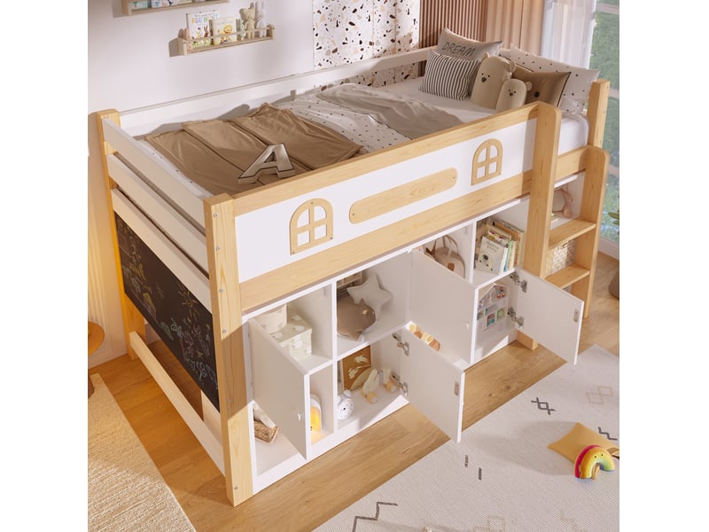  Lit simple mi-hauteur 90x200 cm avec tableau, rangements et échelle blanc naturel  - Conforama E