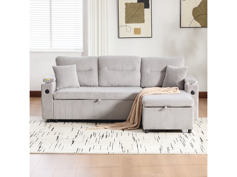  Canapé convertible moderne 3 places avec rangement hydraulique et port usb-c, velours côtelé, 212,5 x 136 x 86 cm - gris clair  - Conforama C