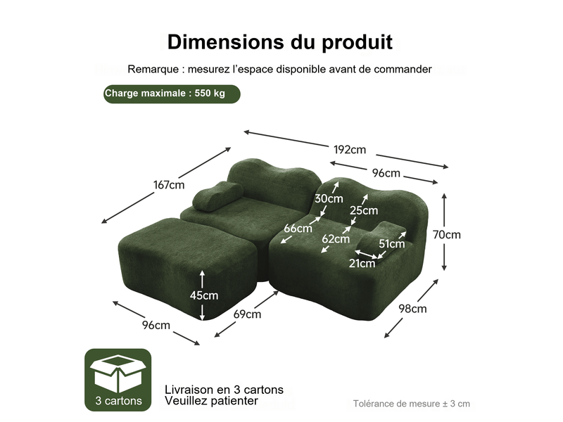 Canapé modulable 2 places avec pouf en velours vert 192 x 167 x 70 cm, sans montage, forme vague pour salon W3325S00416 - Conforama C