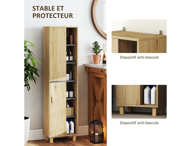  Meuble colonne salle de bain, bois naturel, armoire de salle de bain avec 6 compartiments ouverts et 2 placards  - Conforama R