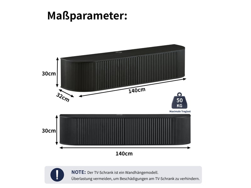  Meuble tv mural,140x32x30 cm,avec rangement et passe-câbles,mdf,noir  - Conforama B