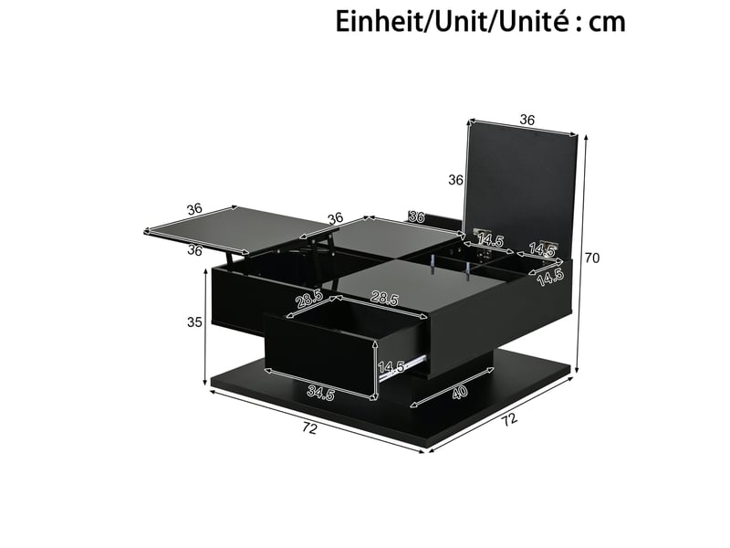  Table basse 72 x 72 x 35 cm noire en mdf et panneau de particules, plateau relevable et led par application  - Conforama C