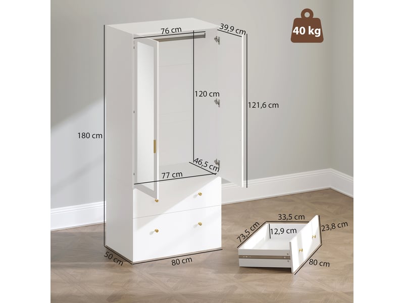  Armoire avec miroir, 2 portes, 2 tiroirs et tringle, 80 x 50 x 180 cm, blanche  - Conforama E