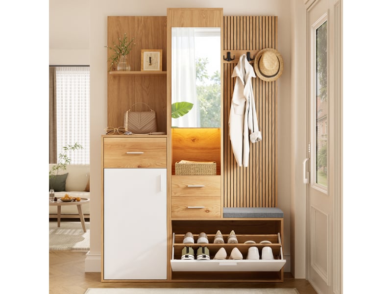 Meuble multifonction 120x32x178 cm - rangement chaussures - banquette - miroir - led - 1 porte - 3 tiroirs - étagères ouvertes - mdf - naturel et blanc ABC - Conforama B