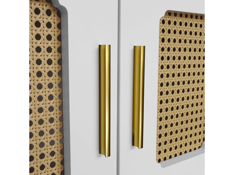 Meuble tv 175 x 38 x 55,5 cm, 4 portes effet cannage et tiroirs, poignées dorées, style rétro, blanc, en panneaux de particules, pour salon CARDUME ESTIVAL - Conforama E