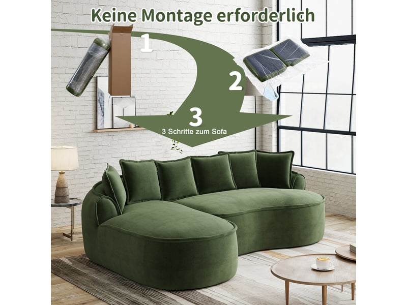 Canapé d'angle, canapé cloud – coussins inclus, sans cadre, sans montage, avec méridienne, en tissu chenille, vert, assise profonde, style cloud - Conforama W