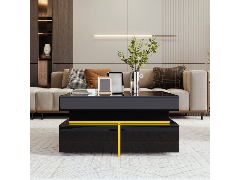 Table basse 70x70x35,5 cm avec 2 tiroirs, rangement sur deux côtés, finition brillante, panneaux de particules, noir et doré ABC - Conforama E