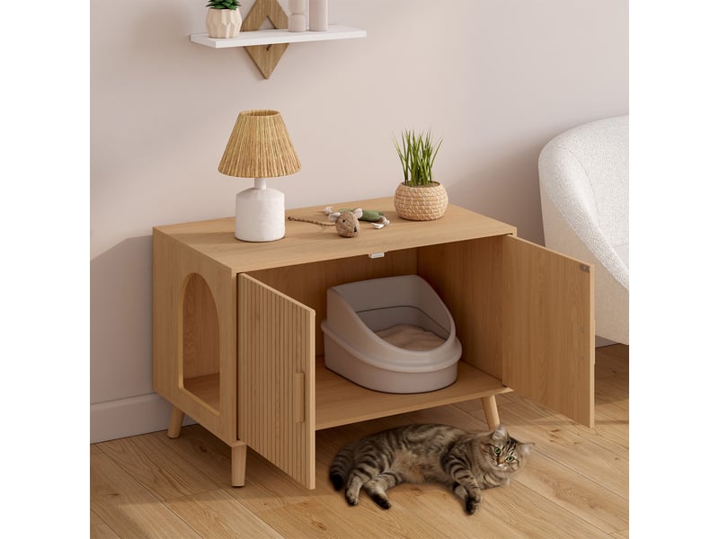 Maison de toilette chat cache-litière juliette avec doubles portes lattes tasseau bois coloris chêne  - Conforama D