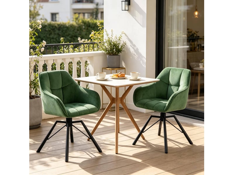  Chaise de salle à manger pivotante à 360° avec accoudoirs, lot de 2 en velours et métal vert foncé  - Conforama E