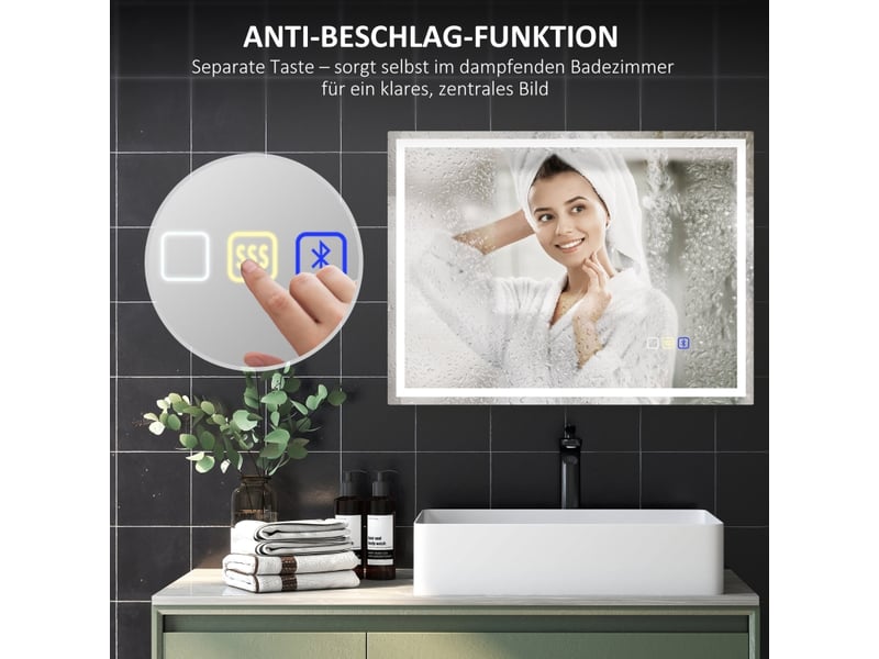 Miroir de salle de bain led 80x60 cm, miroir mural avec enceinte bluetooth et horloge, anti-buée, 3 couleurs réglables, ip44, argent - Conforama W