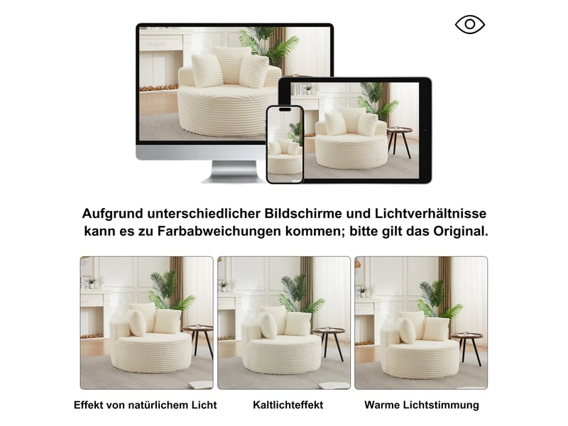  Fauteuil rond,110x110x82 cm,1 place avec 3 coussins,velours côtelé,beige  - Conforama D