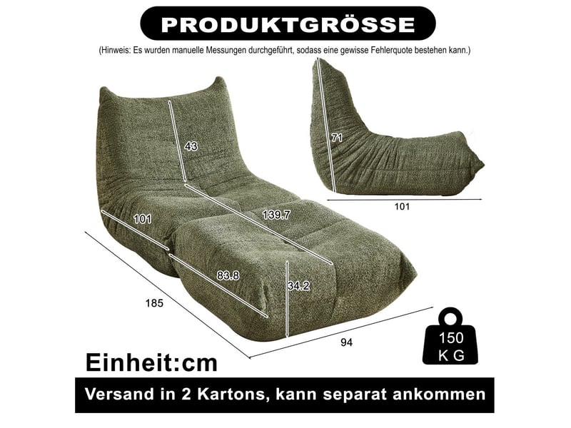  Fauteuil de sol et repose-pieds, chauffeuse ergonomique, mousse haute densité, salon, max 150kg, en chenille vert olive  - Conforama E
