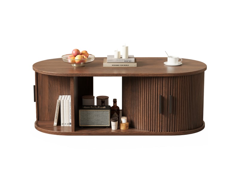 Table basse ovale 100x50x33 cm avec portes à rideau, finition noyer  - Conforama A