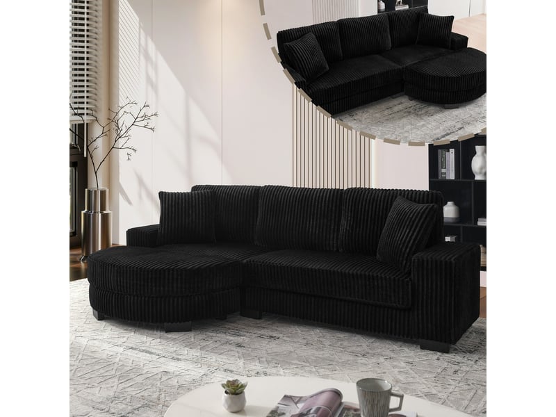  Canapé d'angle en l 4 places 256.5 x 133.5 x 89 cm en velours côtelé noir design modulaire avec pouf ovale et 2 coussins pour salon appartement bureau  - Conforama E