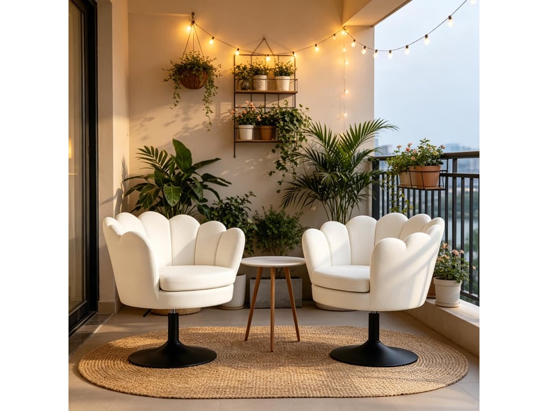 Fauteuil pivotant à hauteur réglable avec accoudoirs, assise en forme de fleur en velours et métal beige - Conforama C