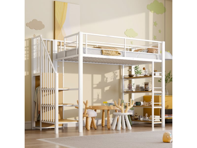  Lit mezzanine 90x200 cm, lit simple avec escalier de sécurité, rangements et petite penderie, étagères, sans matelas, en métal, blanc  - Conforama B