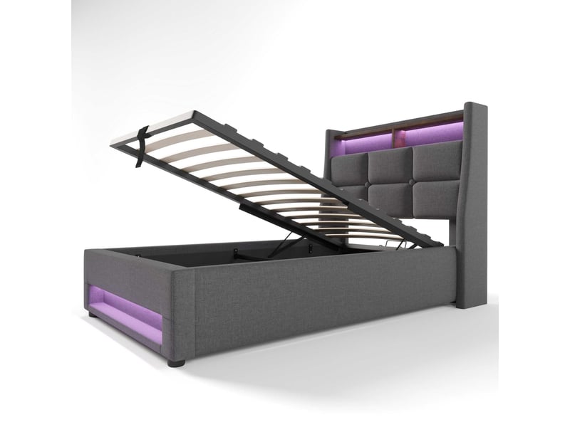  Lit coffre led 90x200 cm, 2 ports usb, tête de lit avec étagère, sommier relevable, tissu gris C-DEGAYUN - Conforama A
