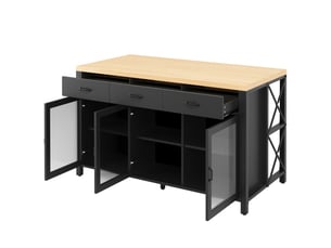 Îlot de cuisine industriel avec led, 3 tiroirs et portes vitrées, 150x80x90 cm, pieds réglables, finition noir et bois naturel, meuble bar multifonctionnel