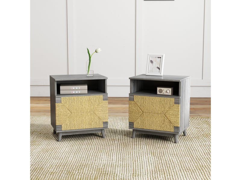  Lot de 2 tables de chevet boho 48x35x58 cm gris avec porte  - Conforama B