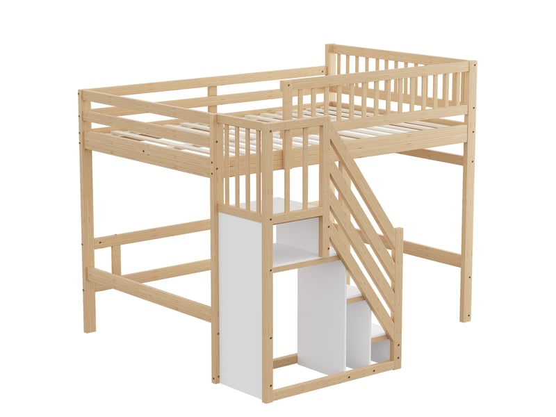  Lit mezzanine enfant 140x200 cm – bois naturel – escalier de rangement intégré, hautes barrières - sans matelas  - Conforama D