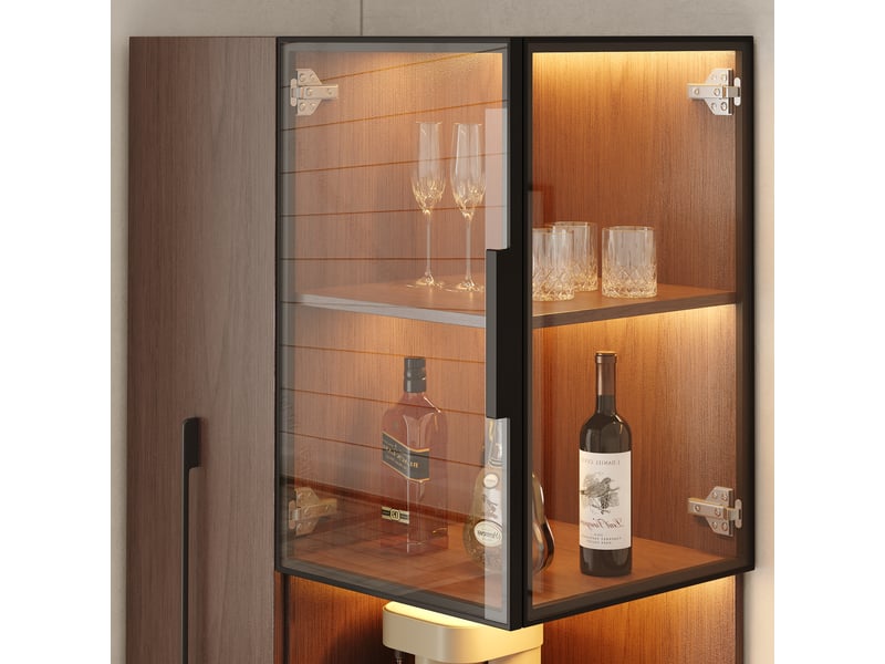  Vitrine armoire led verre 70x38x160cm meuble de rangement buffet haut avec éclairage led 5 portes pour salon cuisine - noyer  - Conforama E