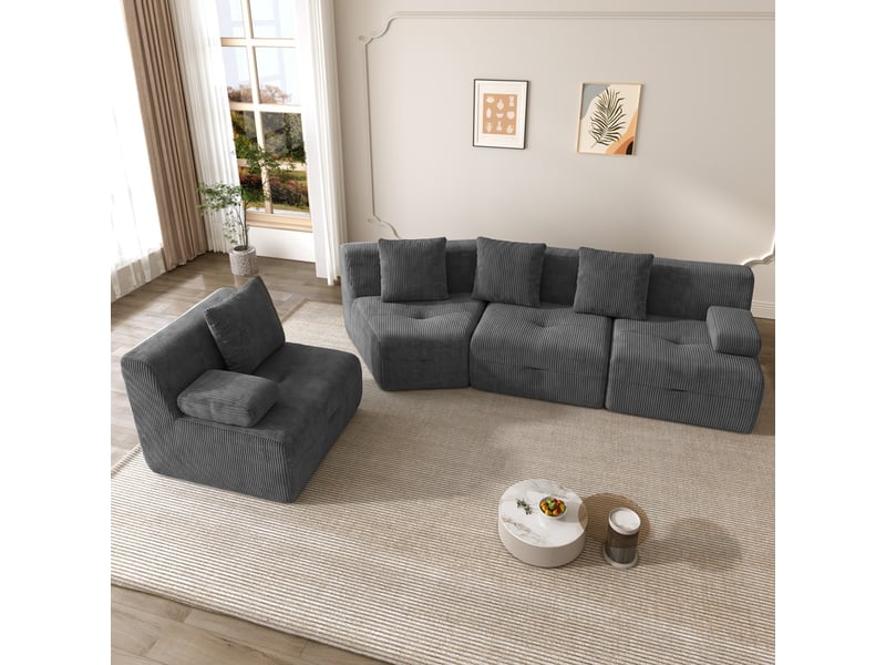  Canapé modulaire 4 places, modules combinables, sans montage, haute résilience, charge 400 kg, 65x90x311cm, velours côtelé, gris  - Conforama D