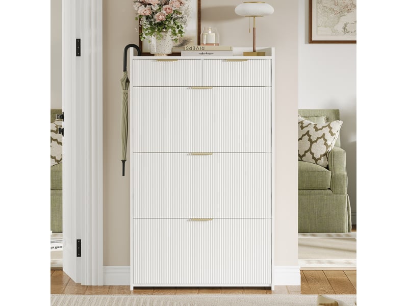  Meuble à chaussures 80x25x135 cm, 3 compartiments basculants et 2 tiroirs, panneau de particules, blanc  - Conforama E