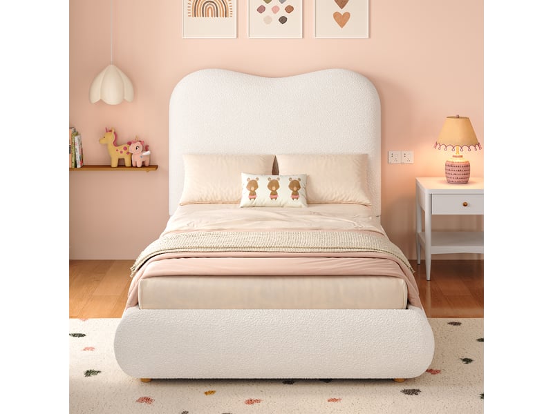  Lit enfant 90x200 cm, lit simple avec coffre de rangement hydraulique et tête de lit en velours, sans matelas - beige  - Conforama D