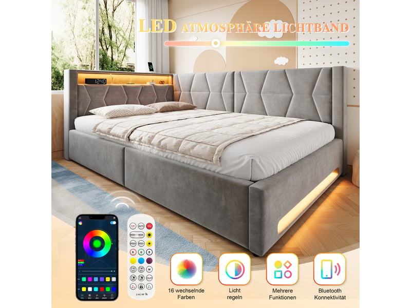  Lit banquette hydraulique 140x200 cm, led, usb-c, lit coffre rembourré, lit simple, éclairage tête et pied, velours, gris Seren Glow - Conforama E
