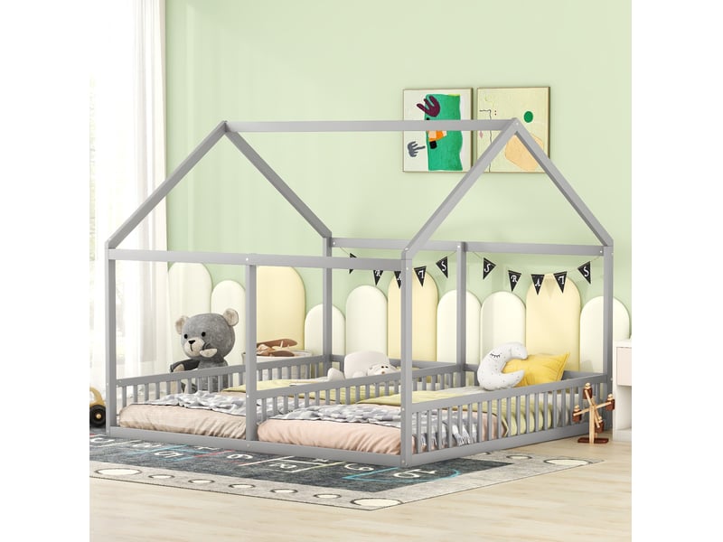 Lit enfant 2 places 2 x 90 x 200 cm avec barrières, structure maison, gris - Conforama D