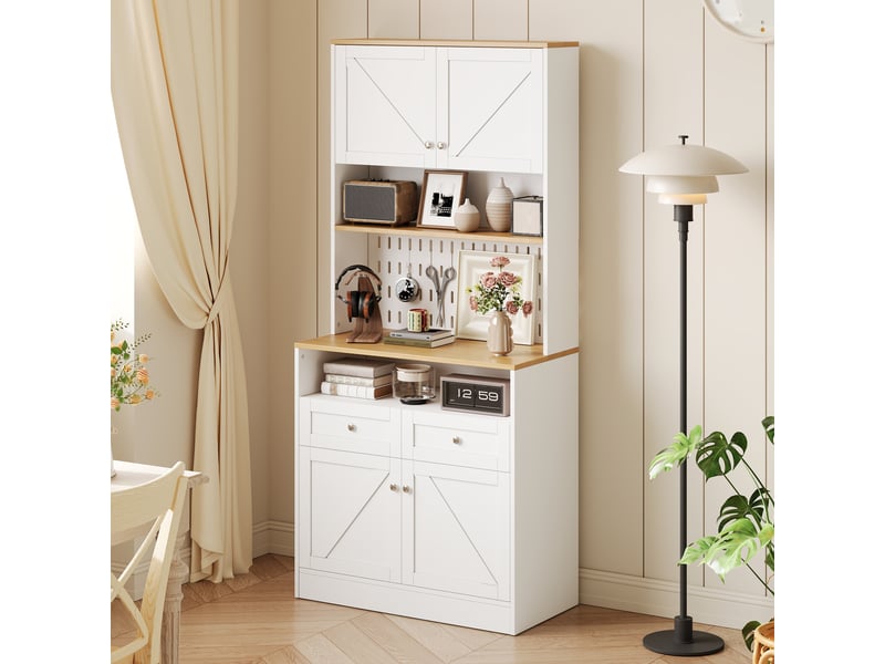  Buffet cuisine blanc et bois naturel, meuble vaisselier avec 2 tiroirs et 4 portes, design style grange pour salle à manger  - Conforama B