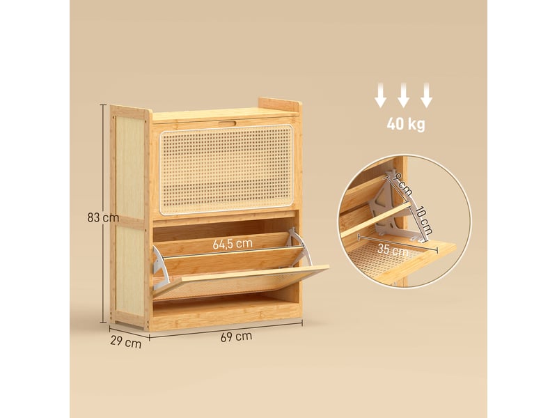 Étagère à chaussures étroite en bambou avec 2 tiroirs rabattables en rotin pour 12 à 14 paires de chaussures, 69 x 29 x 83 cm, naturel  - Conforama D
