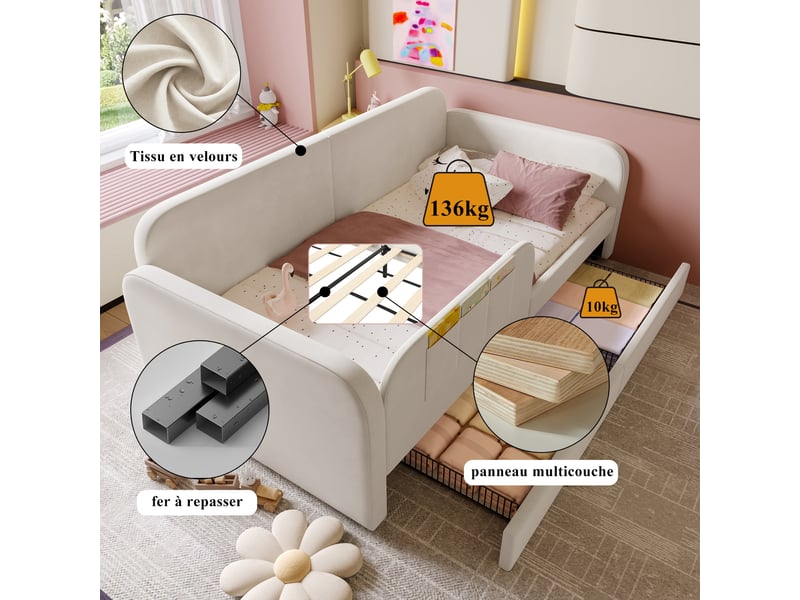  Lit enfant 90x200 cm, lit de repos, tiroirs, poches latérales, sommier, velours blanc, sans matelas  - Conforama D