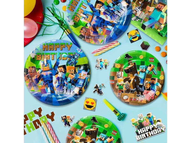 Décoration anniversaire minecraft lot avec bannière, assiettes, gobelets, serviettes, toppers et ballons - Conforama C