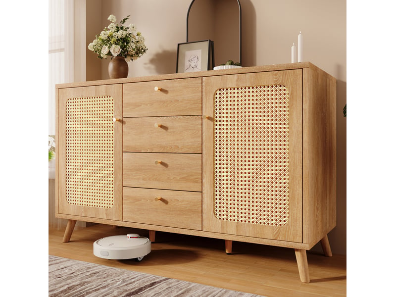  Buffet 140x40x86 cm, 2 portes et 4 tiroirs, mdf, naturel, couleur bois, détails rotin, style nature  - Conforama E