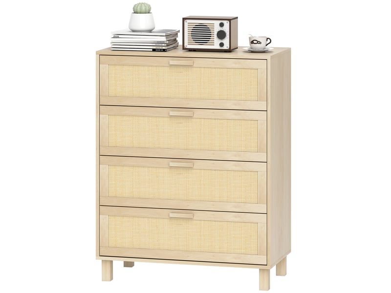  Commode 4 tiroirs cannage en rotin dim. 80l x 40l x 103h cm mdf aspect bois clair  - Conforama B