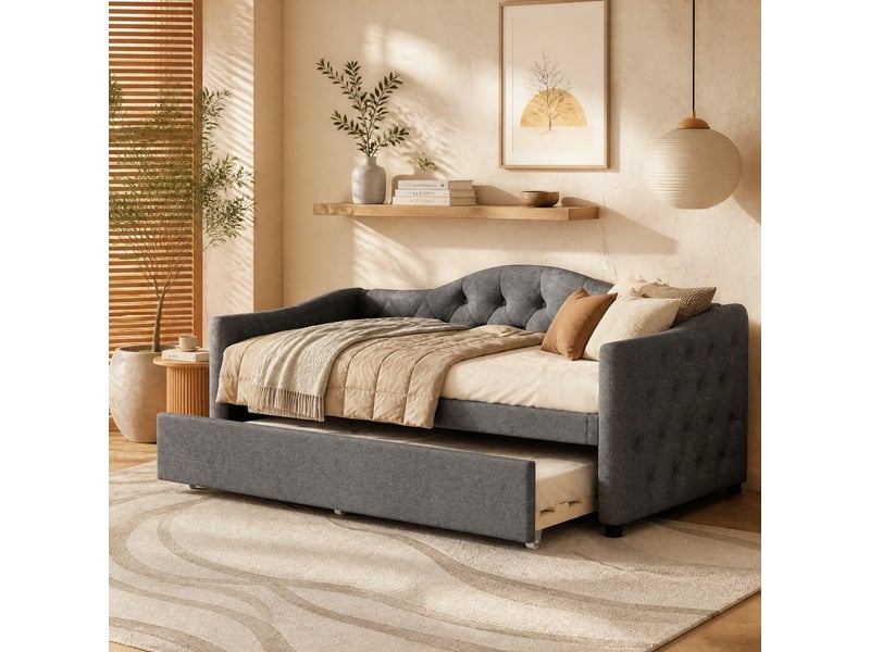  Lit gigogne 90x200 cm avec lit d'appoint 90x190 cm en lin gris  - Conforama C