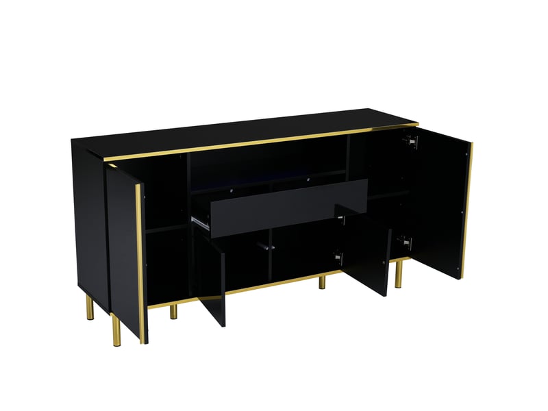 Buffet bas 150x40x80 cm noir brillant en mdf et panneaux de particules, 4 portes, 1 tiroir avec led - Conforama D