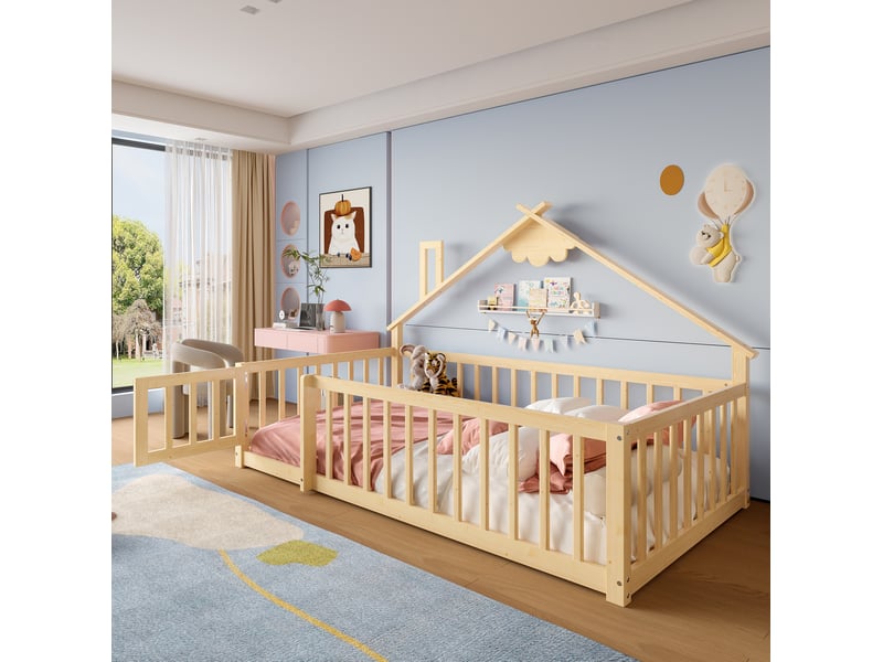  Lit enfant maison 90x190 cm, design cabane, assemblage facile, serrure, garde-corps 32 cm, bois et mdf, naturel sans matelas  - Conforama B
