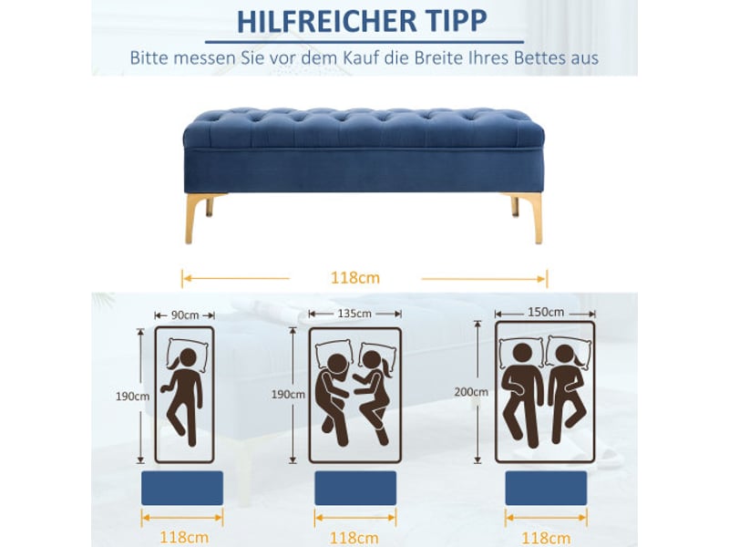  Banc de lit bleu en velours avec pieds hauts, 118x45x42 cm, pour chambre et entrée  - Conforama B