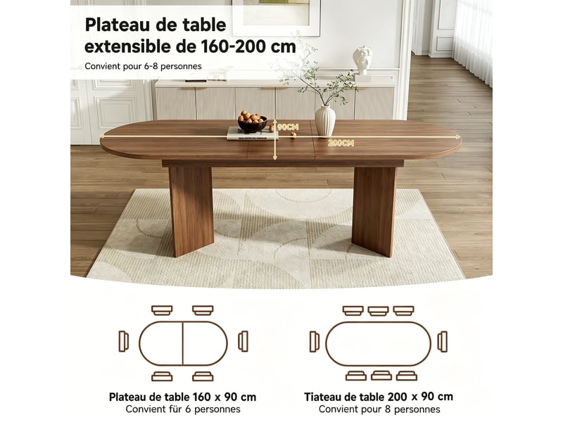  Table extensible 160-200x90x75 cm, coins arrondis, plateau épais, 6 à 8 convives, table de salle à manger, noyer  - Conforama E