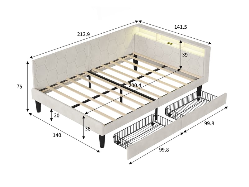  Lit avec 2 tiroirs 140x200, lit double adulte rembourré avec éclairage led et ports usbtype-c, tête de lit avec rangement, velours, moderne, beige  - Conforama E