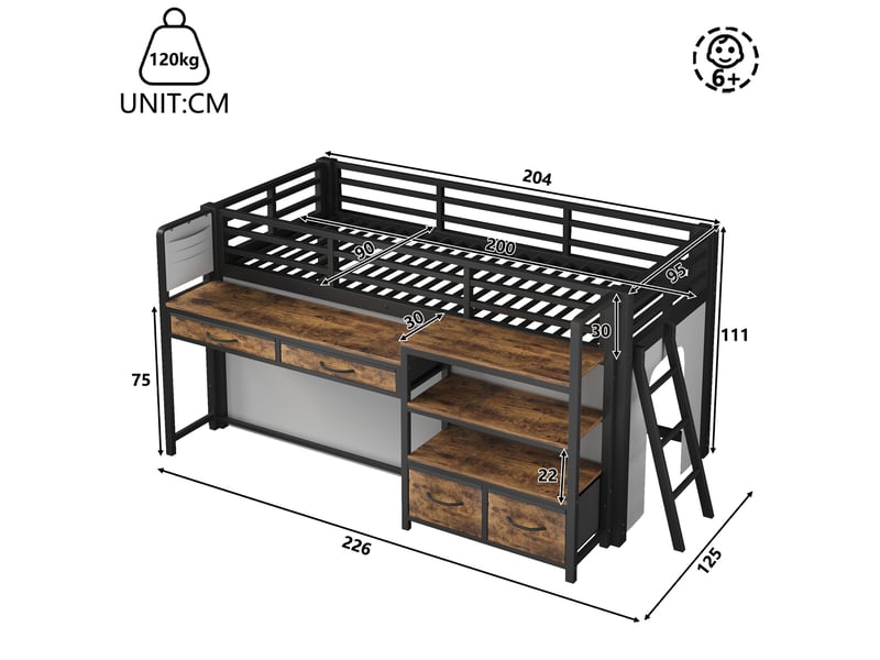  Lit mezzanine enfant 90x200cm avec bureau, lit surélevé avec tiroirs en tissu, étagères ouvertes, rideau et led multicolore, structure en métal, noir Seren Glow - Conforama C