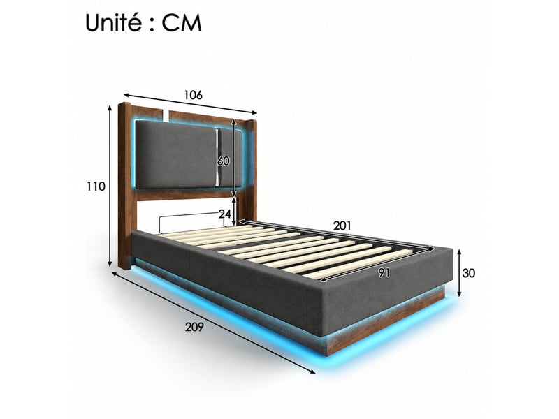 Lit coffre, lit simple en lin gris et bois noyer avec led et rangement hydraulique, 200×90 cm, sans matelas - Conforama D
