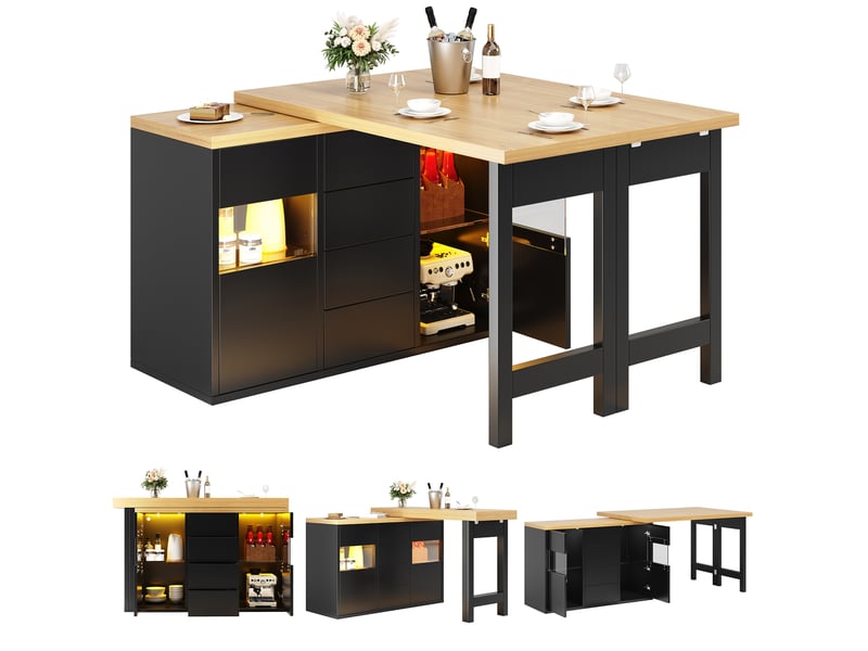  Îlot de cuisine noir rotatif 360° 120–197cm avec led rgb via appli, portes vitrées, 4 grands tiroirs, étagères réglables  - Conforama A