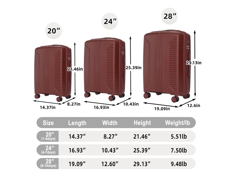 Lot de 3 valises rigides,202428 pouces,avec serrure,polypropylène,rouge - Conforama C