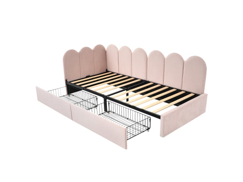 Lit enfant 90x190 cm, lit simple avec tiroirs, sommier à lattes, sans matelas, en velours, rose  - Conforama E