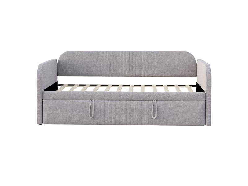 Lit gigogne 90x190 cm 2 places - canapé lit extensible 180x190 cm, sommier à lattes - tissu en lin gris - Conforama W